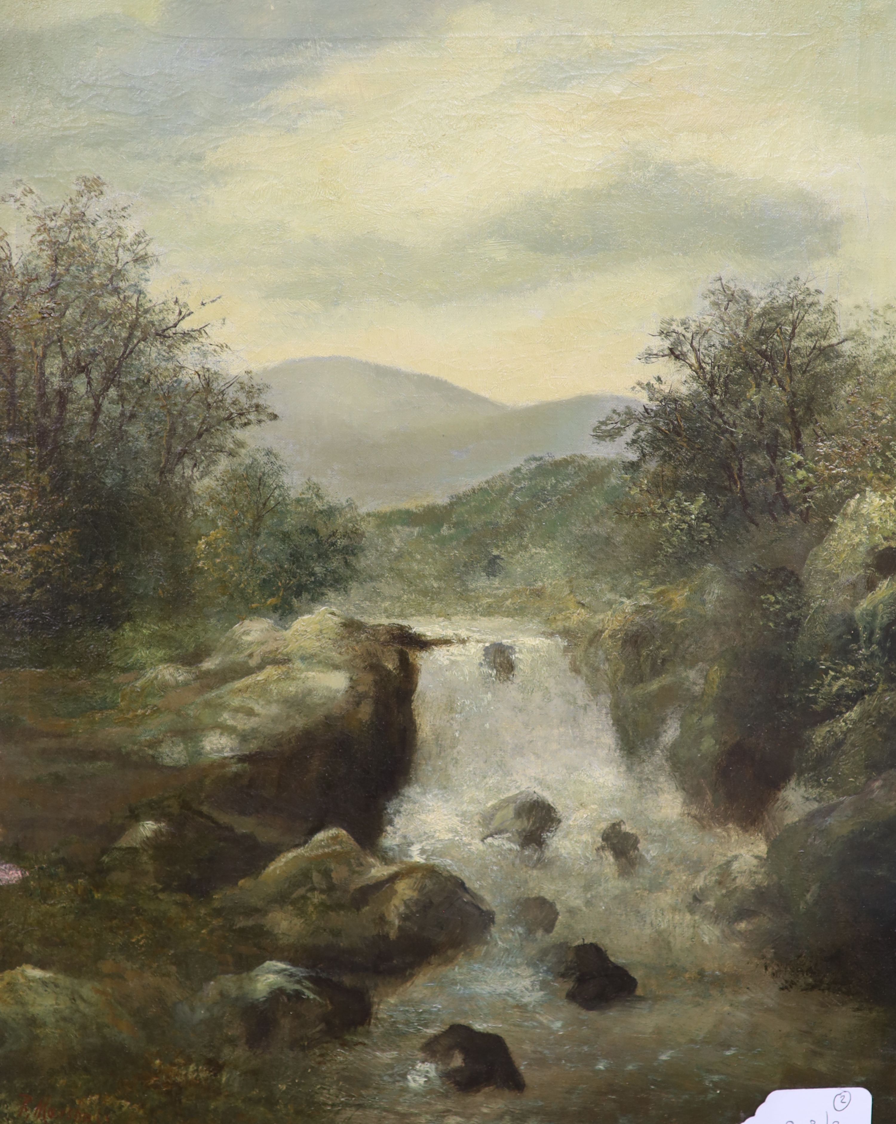 R. Marshall, oil on canvas, Waterfall, 50 x 39cm and a Coastal landscape by another hand, 36 x 49cm